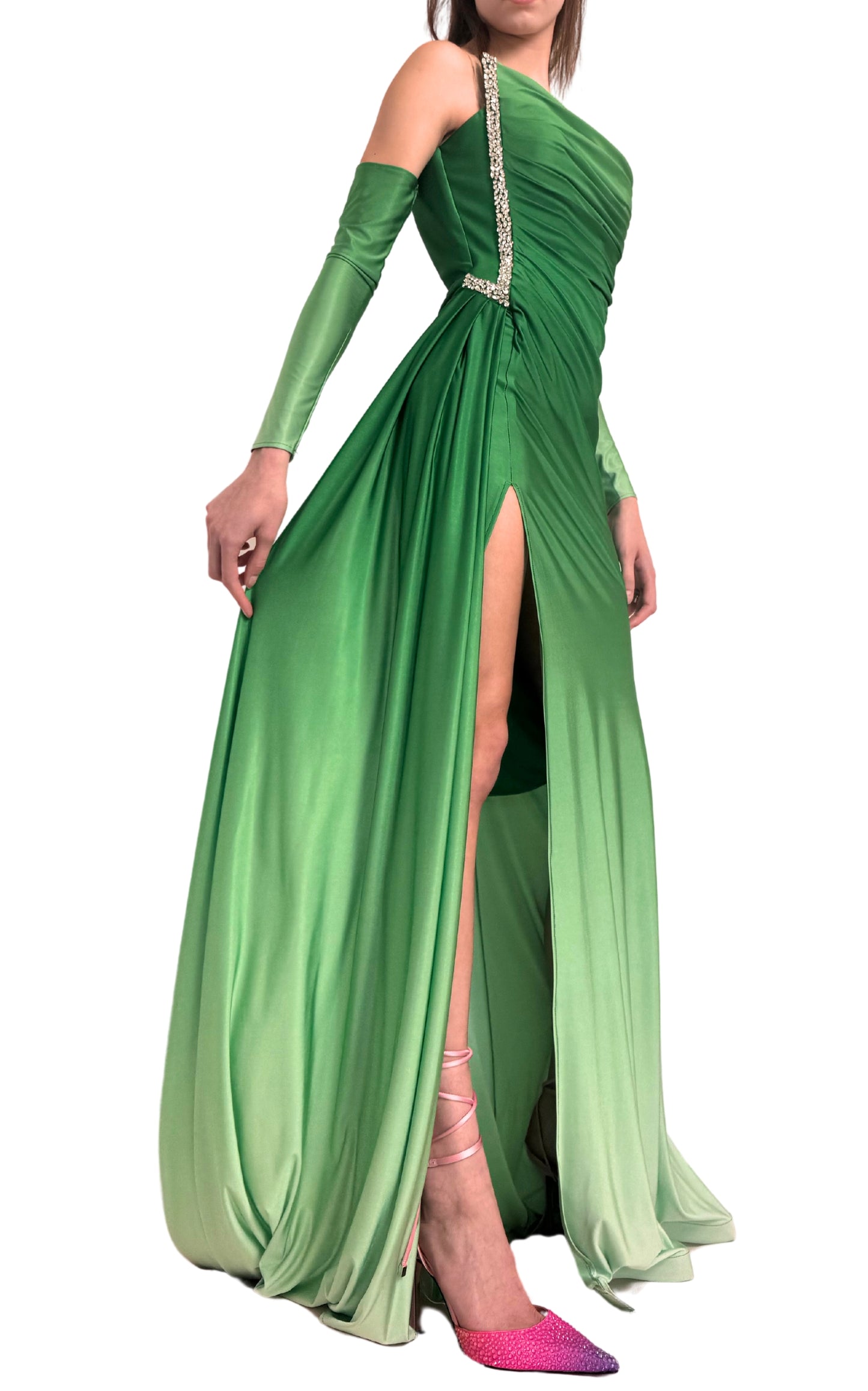 Rhinestone Embellished Green Ombre Gown