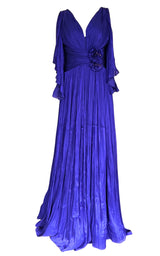 Elegant Chiffon Evening Dress Gown with Floral Brooch in Blue