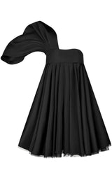 Asymmetric Flared One-Shoulder Mini Black Dress