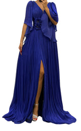 Elegant Chiffon Evening Dress Gown with Floral Brooch in Blue