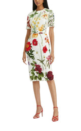  Oscar de la RentaMulticolor Floral Twill Pencil Dress - Runway Catalog