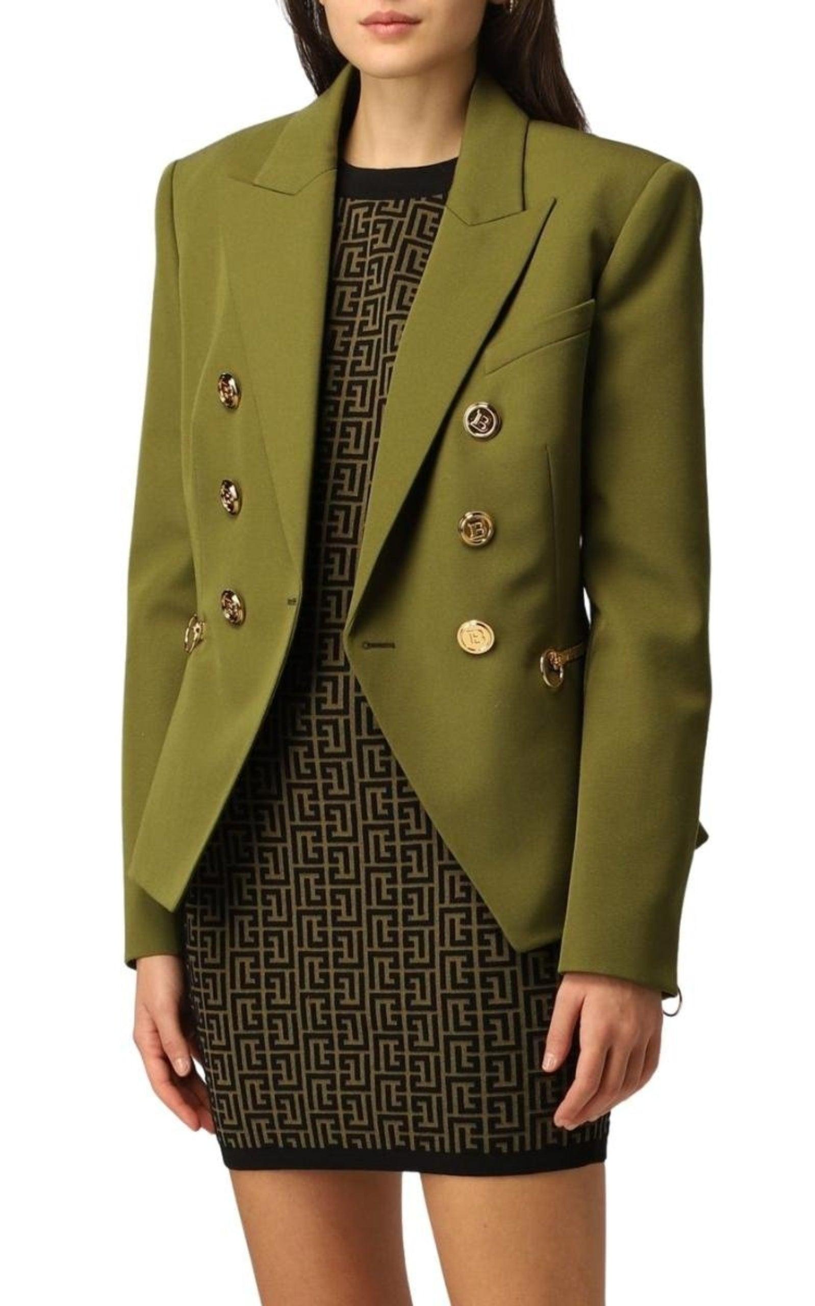 Green Wool Double-breasted Blazer Balmain