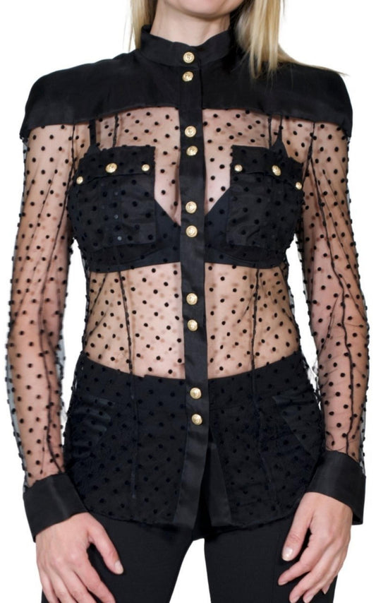 Long Sleeve Black Polka Dot Silk Shirt Balmain