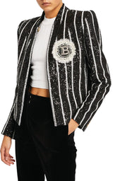 Sequinned Black White Striped Spencer Jacket Balmain