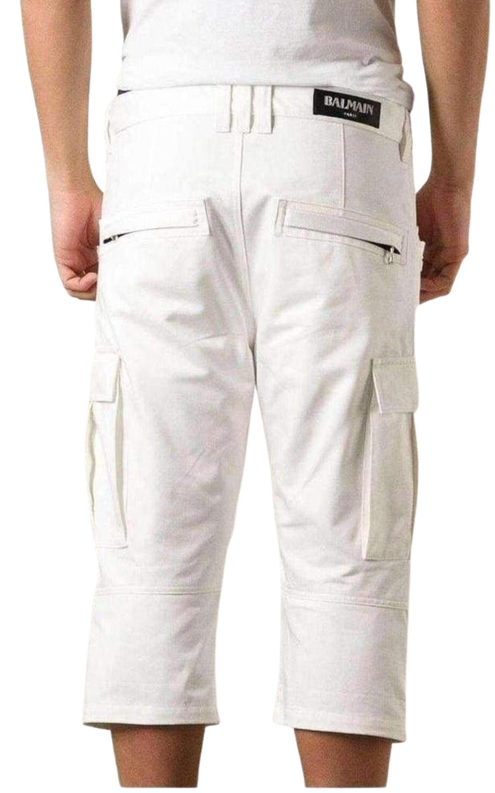 White Cotton Cargo Biker Shorts Balmain