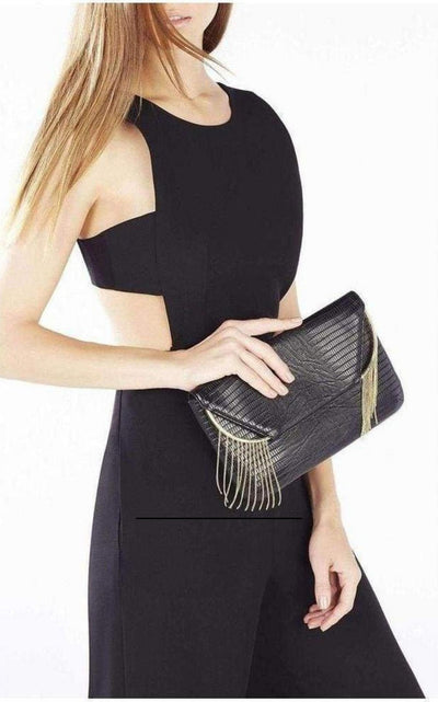 Black Snake Embossed Chain Fringe Clutch BCBGMAXAZRIA