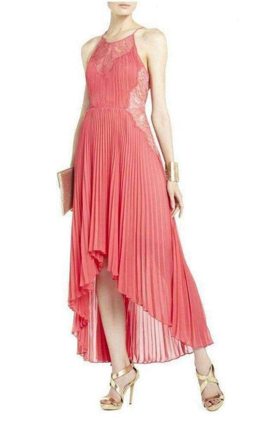 Maryella Deep Coral Pleat and Lace Dres BCBGMAXAZRIA