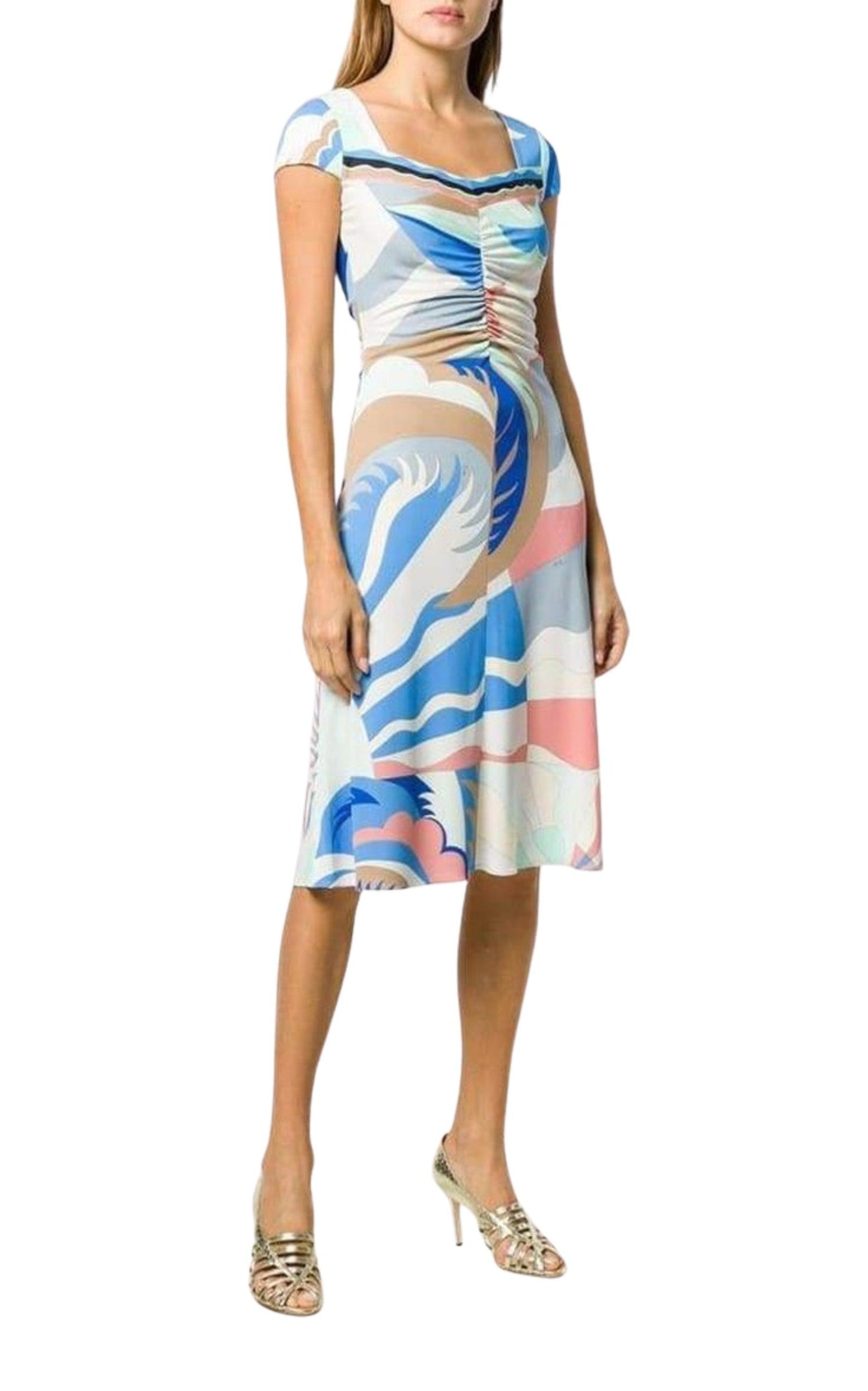 Emilio Pucci Blue Acapulco Print Gathered Silk Blend Dress