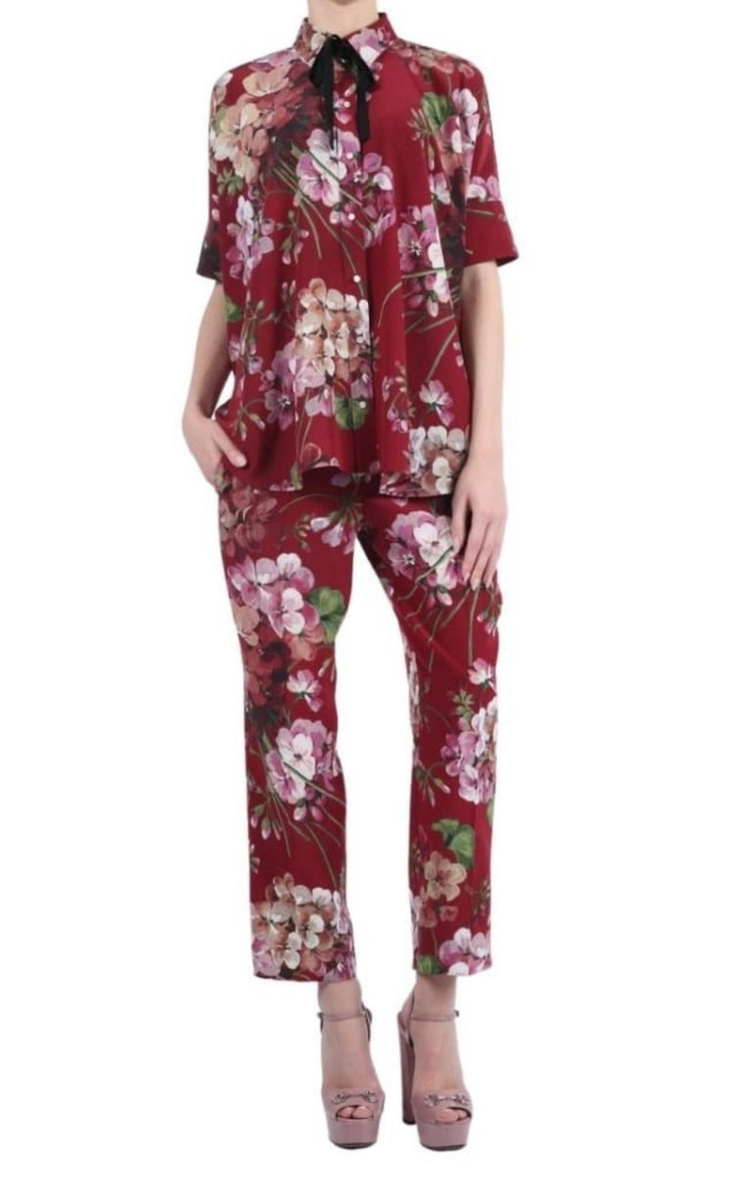 Blooms Print Pyjama Burgundy Silk Pants Gucci