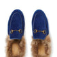 Blue Velvet & Fur Princetown Slippers Gucci