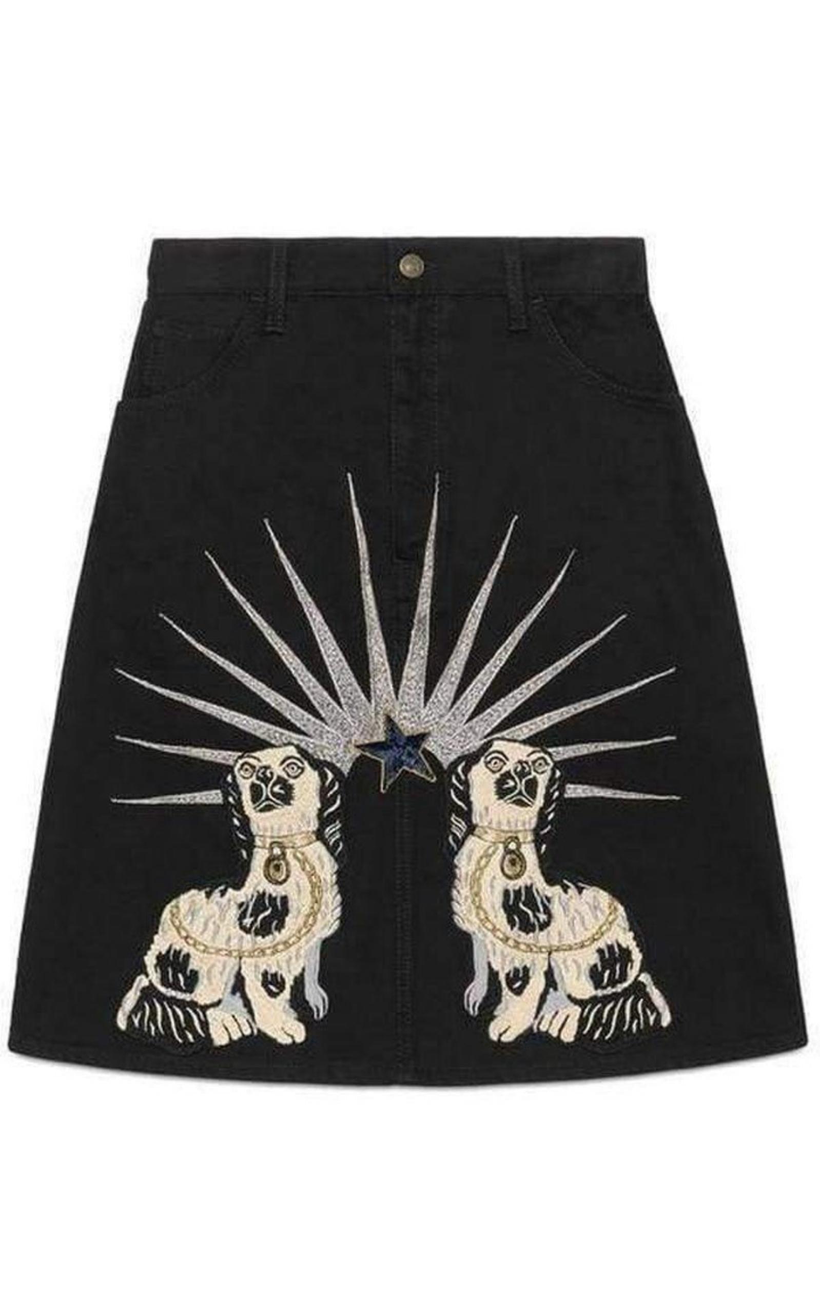 Embroidered Black Denim Mini Skirt Gucci