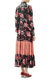 Floral Patchwork-Print Stand-Collar Crepe Dress Gucci