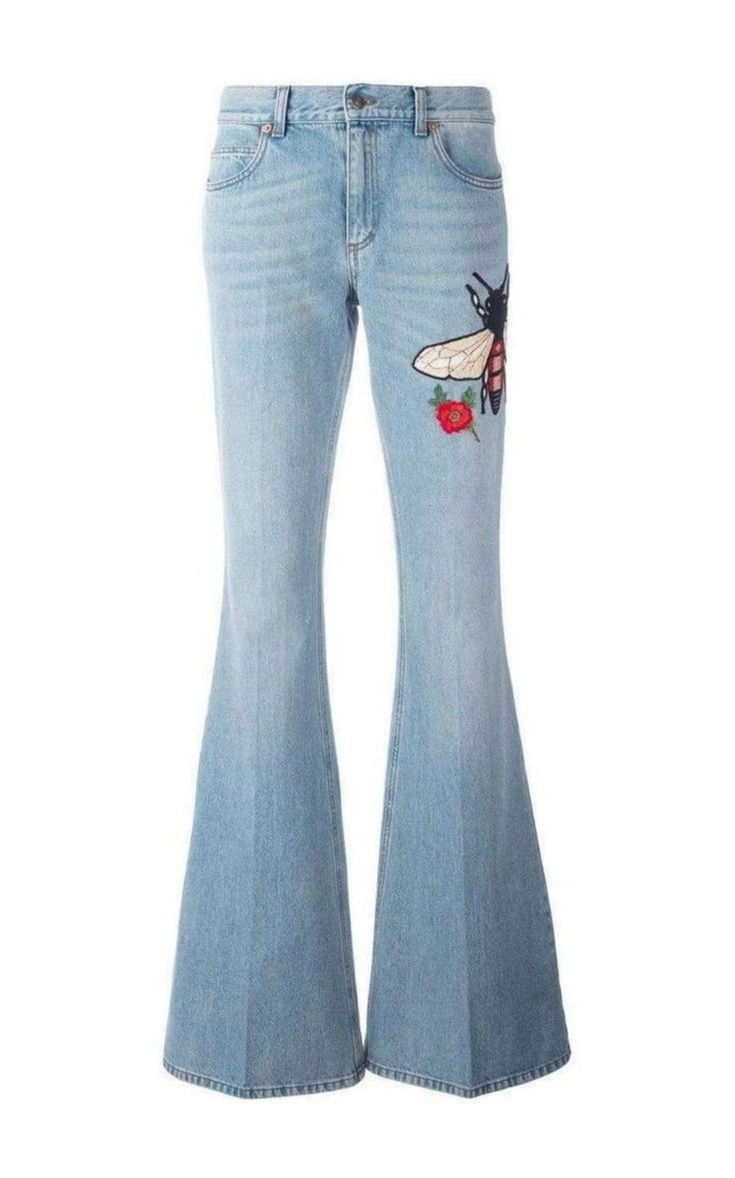 Fly Embroidered Flared Cotton Jeans Gucci