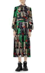 Pleated Rainbow-Panther Face Silk Twill Dress Gucci