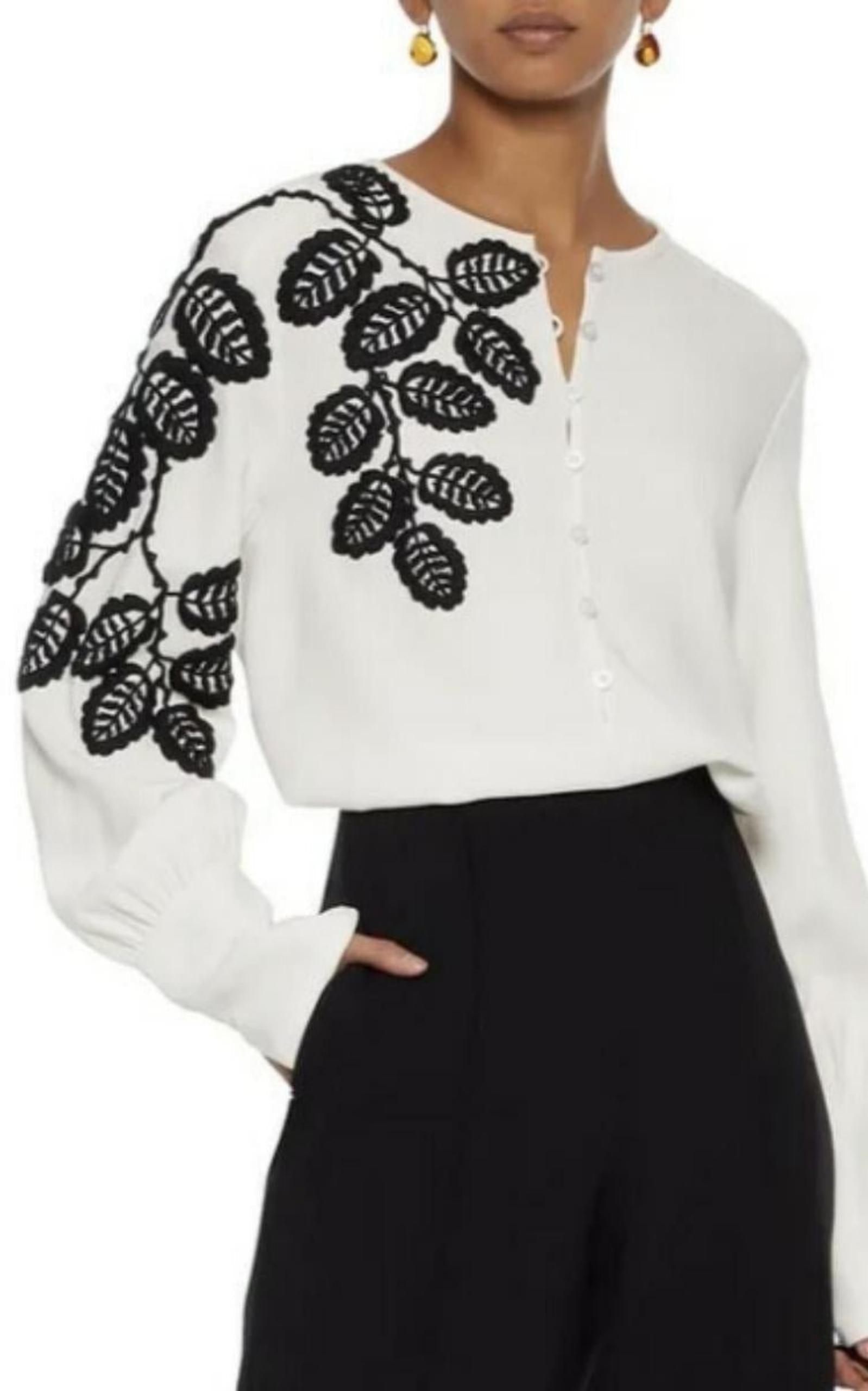 Leaf Embroidered Silk Blouse Oscar de la Renta