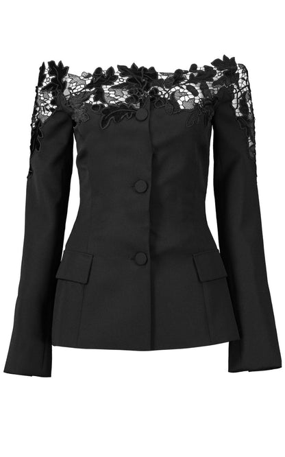 Off-Shoulder Velvet Guipure Lace Blazer Oscar de la Renta