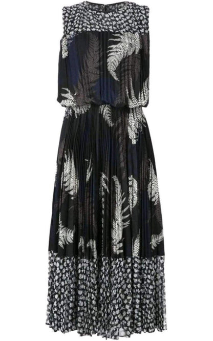 Mixed Print Pleated Maxi Dress Sacai