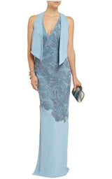 Blue Leather Cutout Lace Embellished Gown Versace