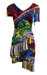 Mega Mix Print Fringe Mini Dress Versace